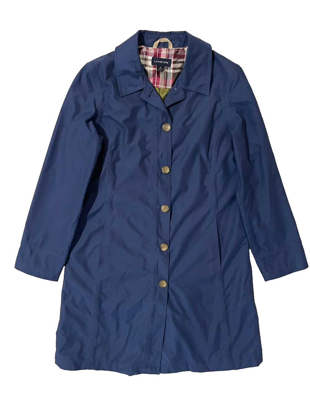 Lands' End Blue Button Trench Coat Womens Size Small 6-8 Rain Jacket Long Lined